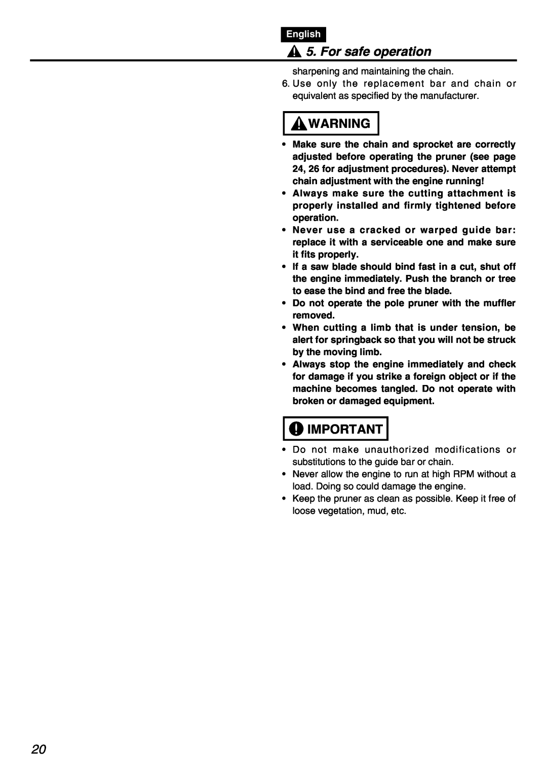 Zenoah PSZ2401 manual For safe operation, English, Do not operate the pole pruner with the muffler removed 
