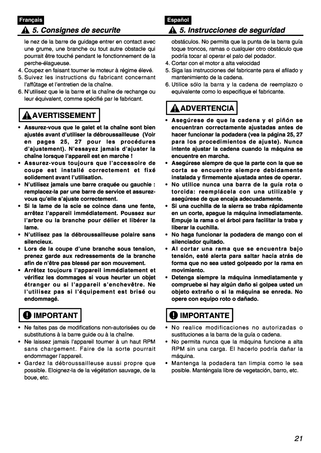 Zenoah PSZ2401 manual Consignes de securite, Instrucciones de seguridad, Avertissement, Advertencia, Importante, Français 