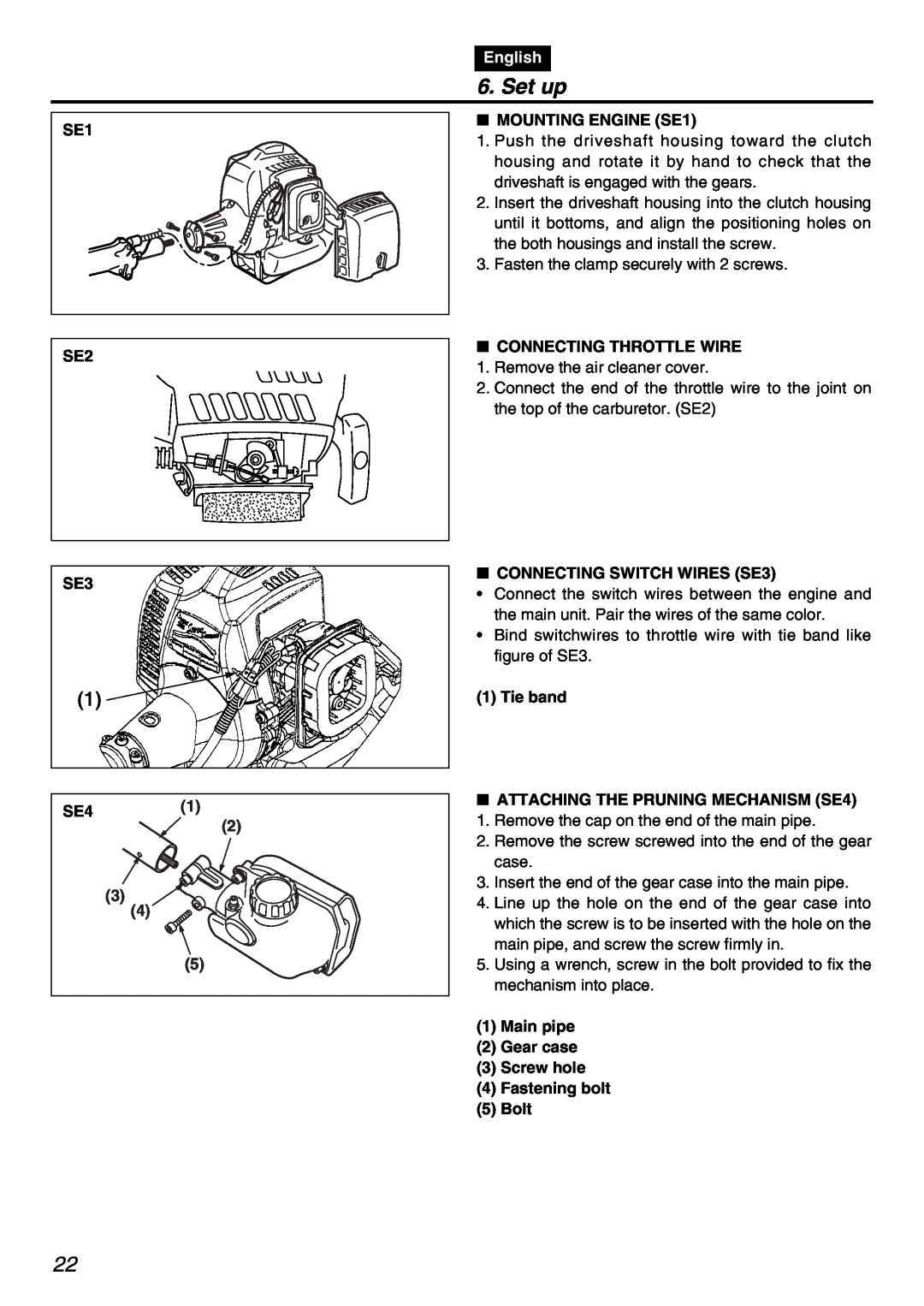 Zenoah PSZ2401 manual Set up, English, SE1 SE2 SE3 SE41, MOUNTING ENGINE SE1, Connecting Throttle Wire 