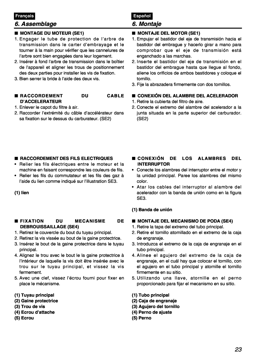 Zenoah PSZ2401 manual Assemblage, Montaje, MONTAGE DU MOTEUR SE1, MONTAJE DEL MOTOR SE1, Français, Español 