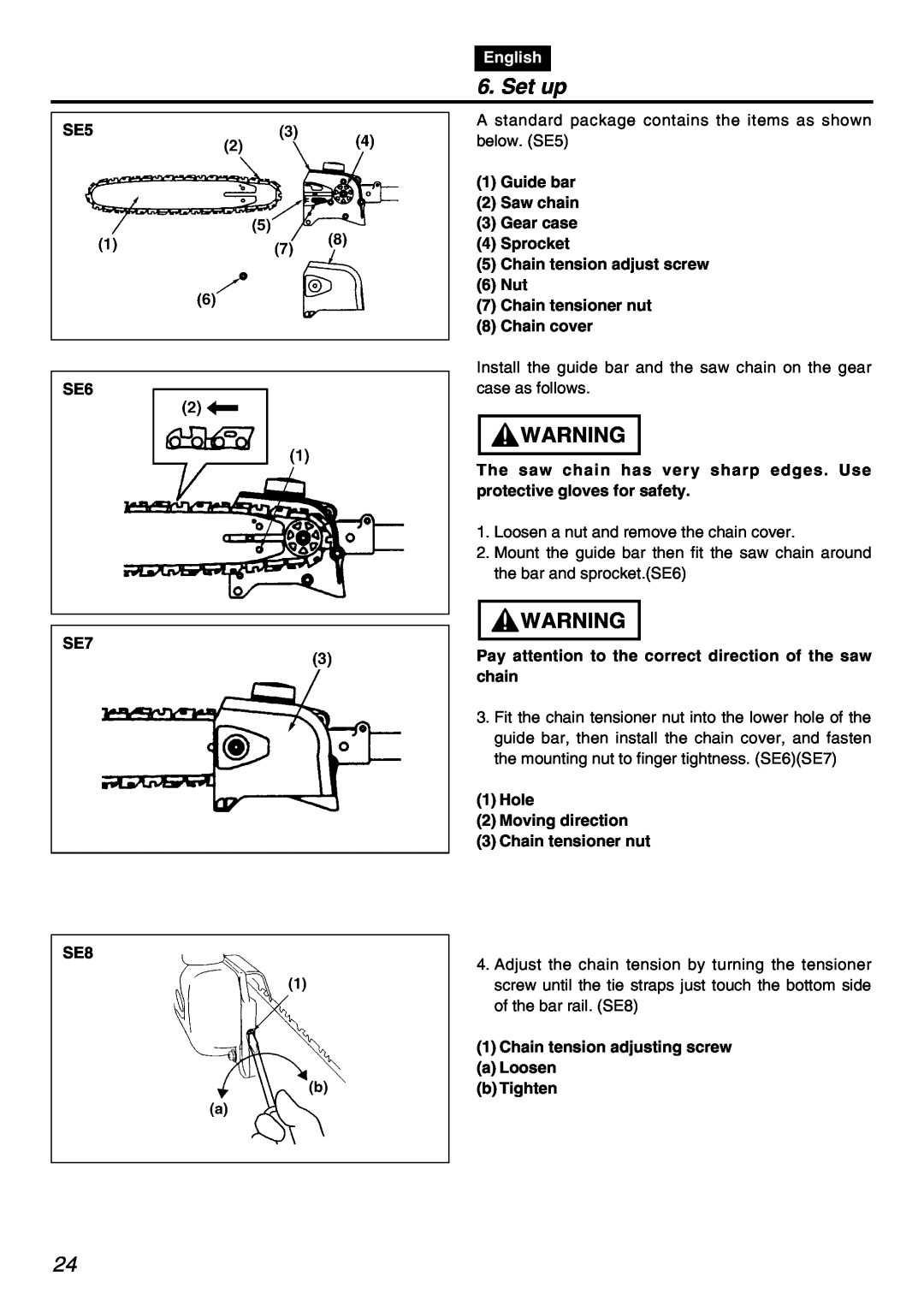 Zenoah PSZ2401 manual Set up, SE5 SE6 SE7 SE8, English 