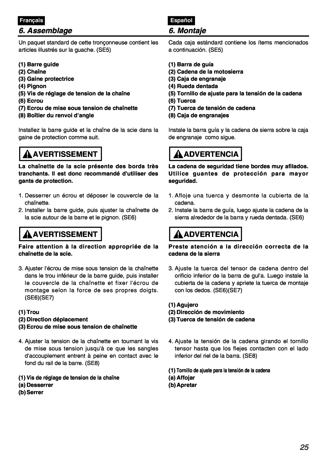 Zenoah PSZ2401 manual Assemblage, Montaje, Avertissement, Advertencia, Français, Español 