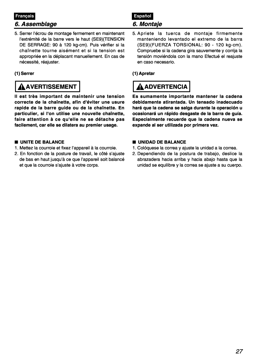 Zenoah PSZ2401 manual Assemblage, Montaje, Avertissement, Advertencia, Français, Español 