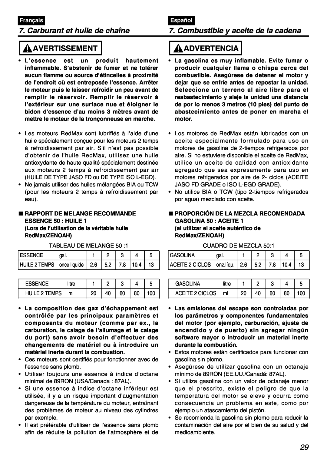 Zenoah PSZ2401 manual Carburant et huile de chaîne, Combustible y aceite de la cadena, Avertissement, Advertencia, Français 