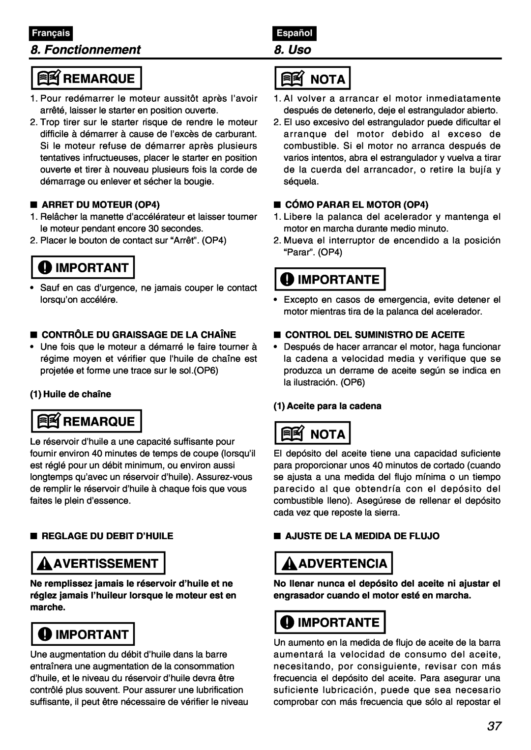 Zenoah PSZ2401 manual Fonctionnement, Uso, Remarque, Nota, Avertissement, Importante, Advertencia, Français, Español 