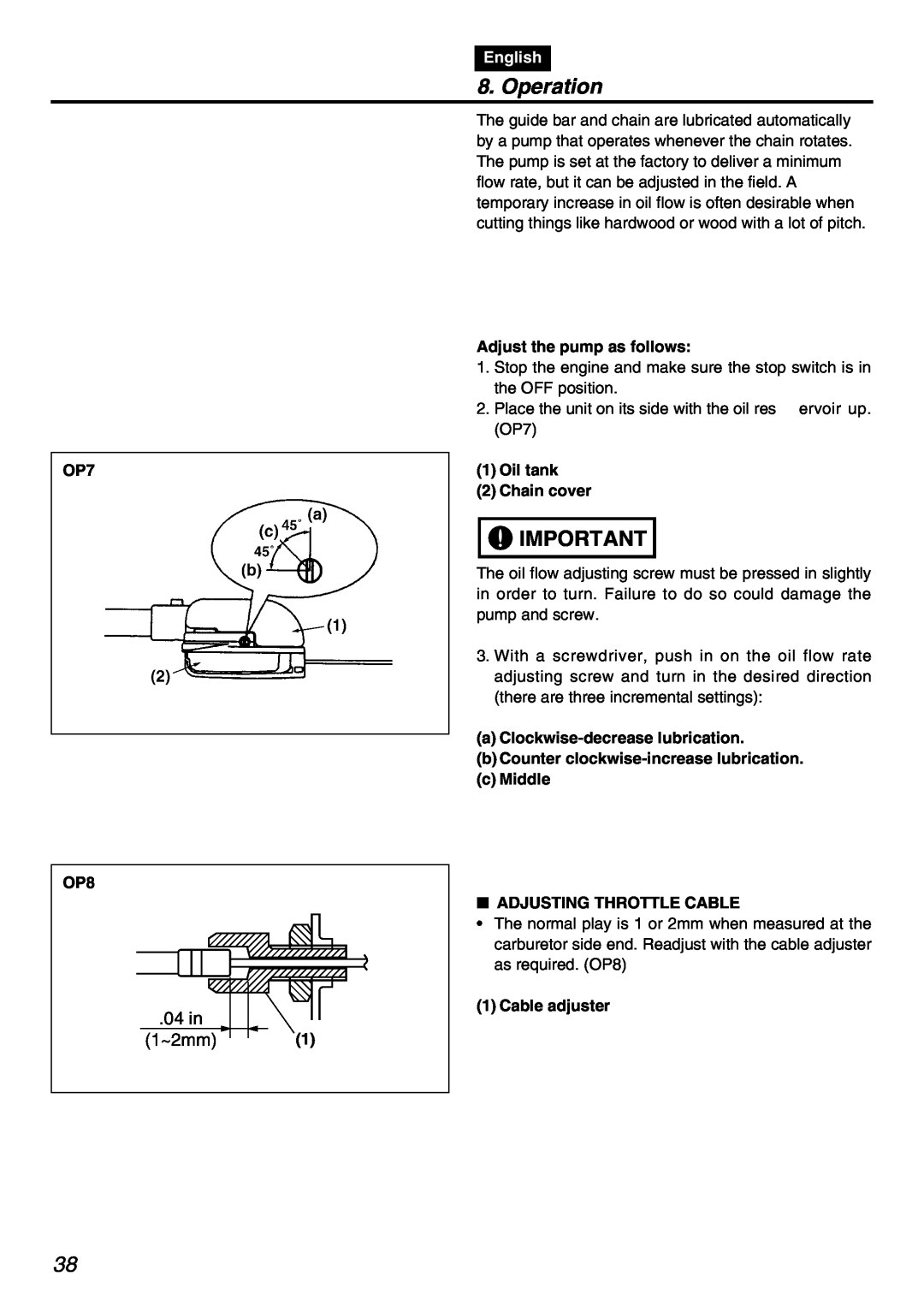 Zenoah PSZ2401 manual 04 in 1~2mm, Operation, English, OP7 OP8, Adjust the pump as follows, Oil tank 2 Chain cover 