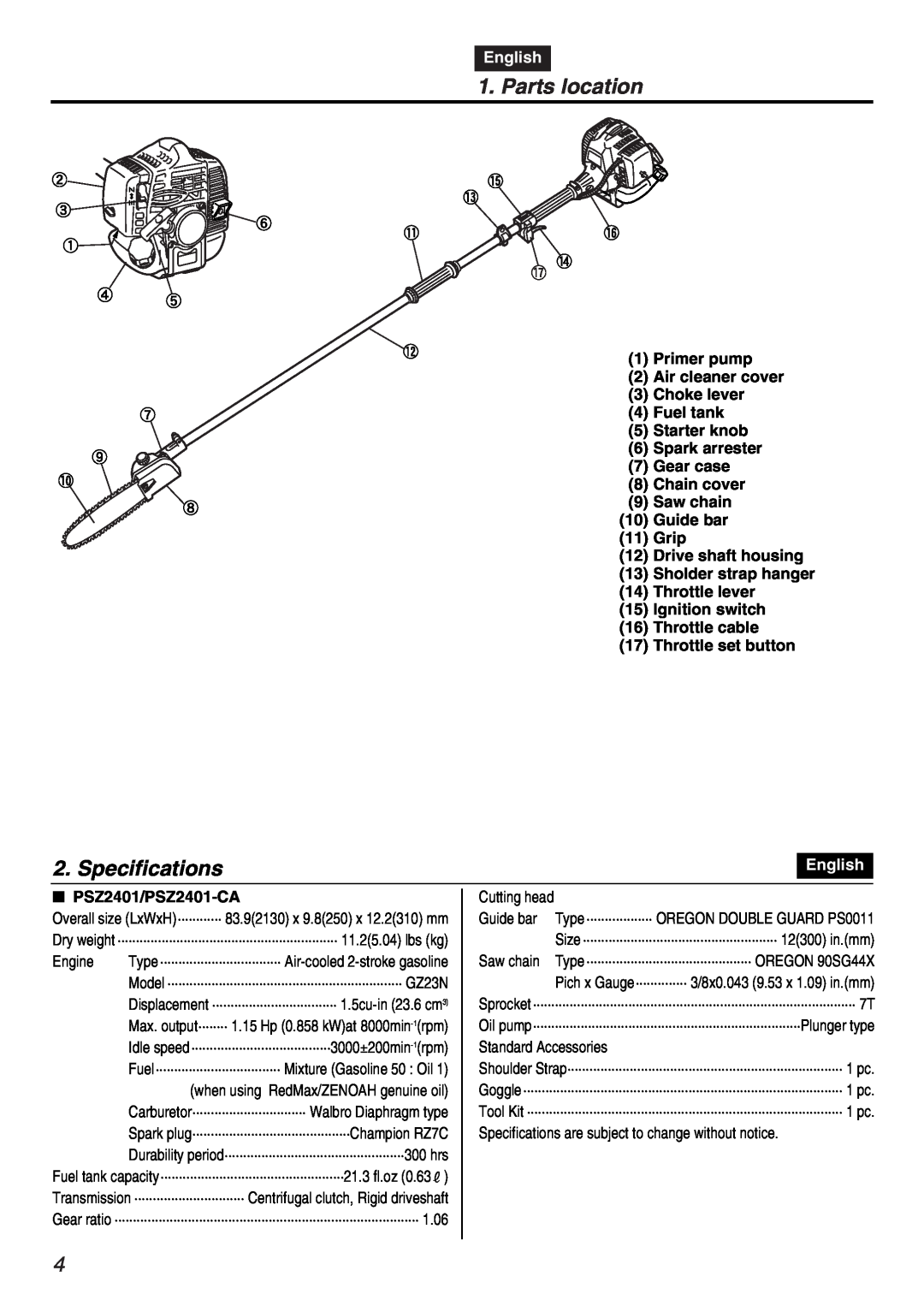 Zenoah PSZ2401 manual Parts location, Specifications, English, Saw chain 