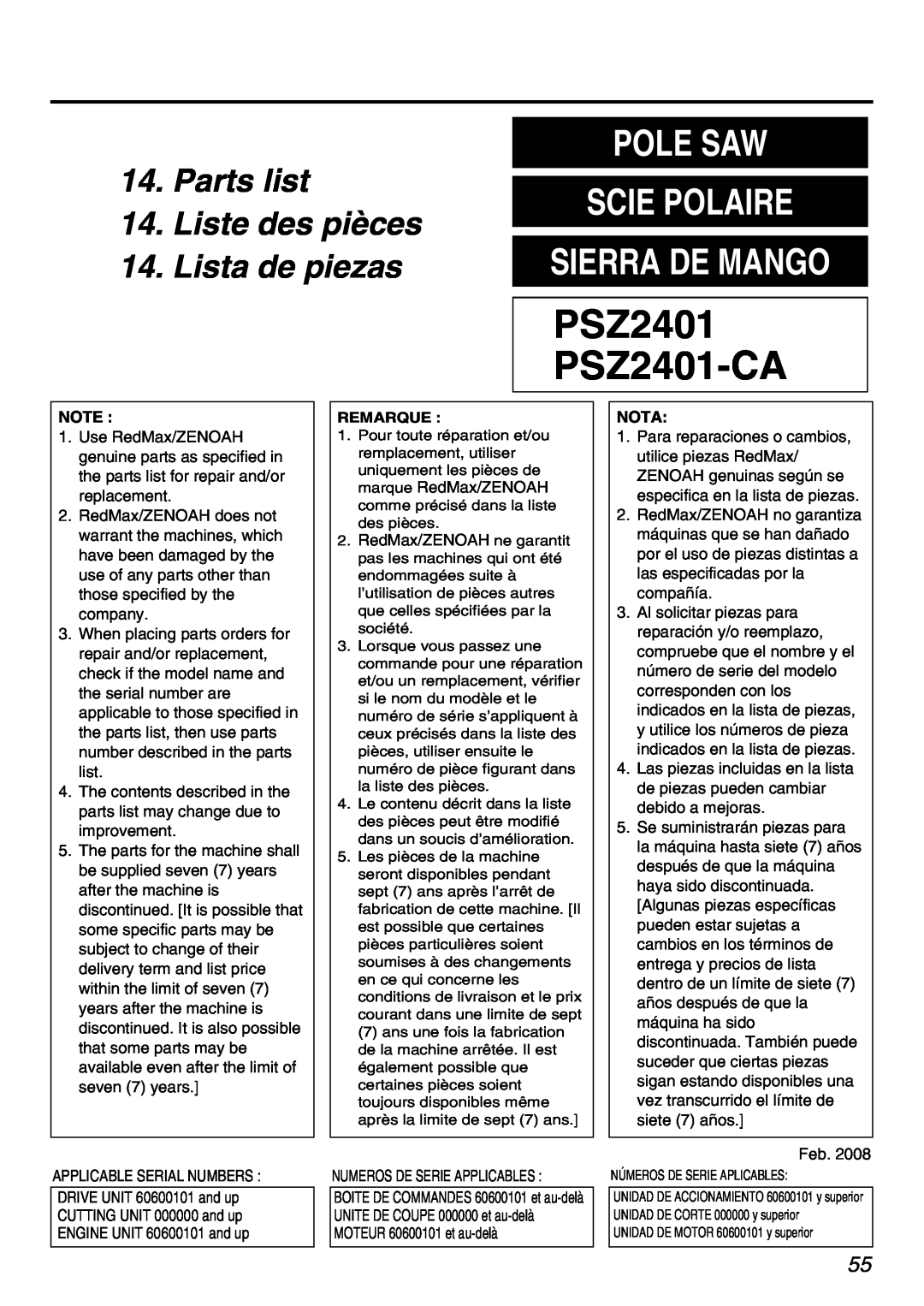 Zenoah Parts list 14. Liste des pièces 14. Lista de piezas, PSZ2401 PSZ2401-CA, Pole Saw Scie Polaire Sierra De Mango 