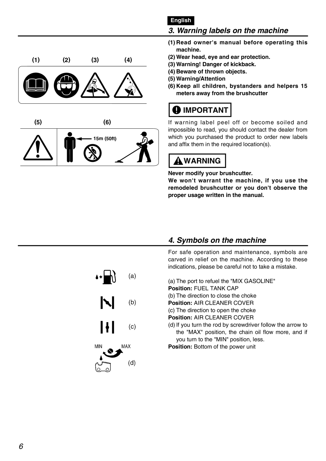 Zenoah PSZ2401 manual Warning labels on the machine, Symbols on the machine, 1 2 3, English 