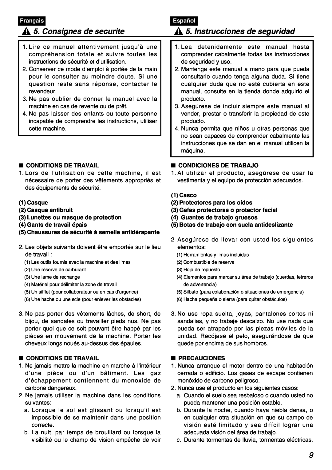 Zenoah PSZ2401 manual Consignes de securite, Instrucciones de seguridad, Français, Español 