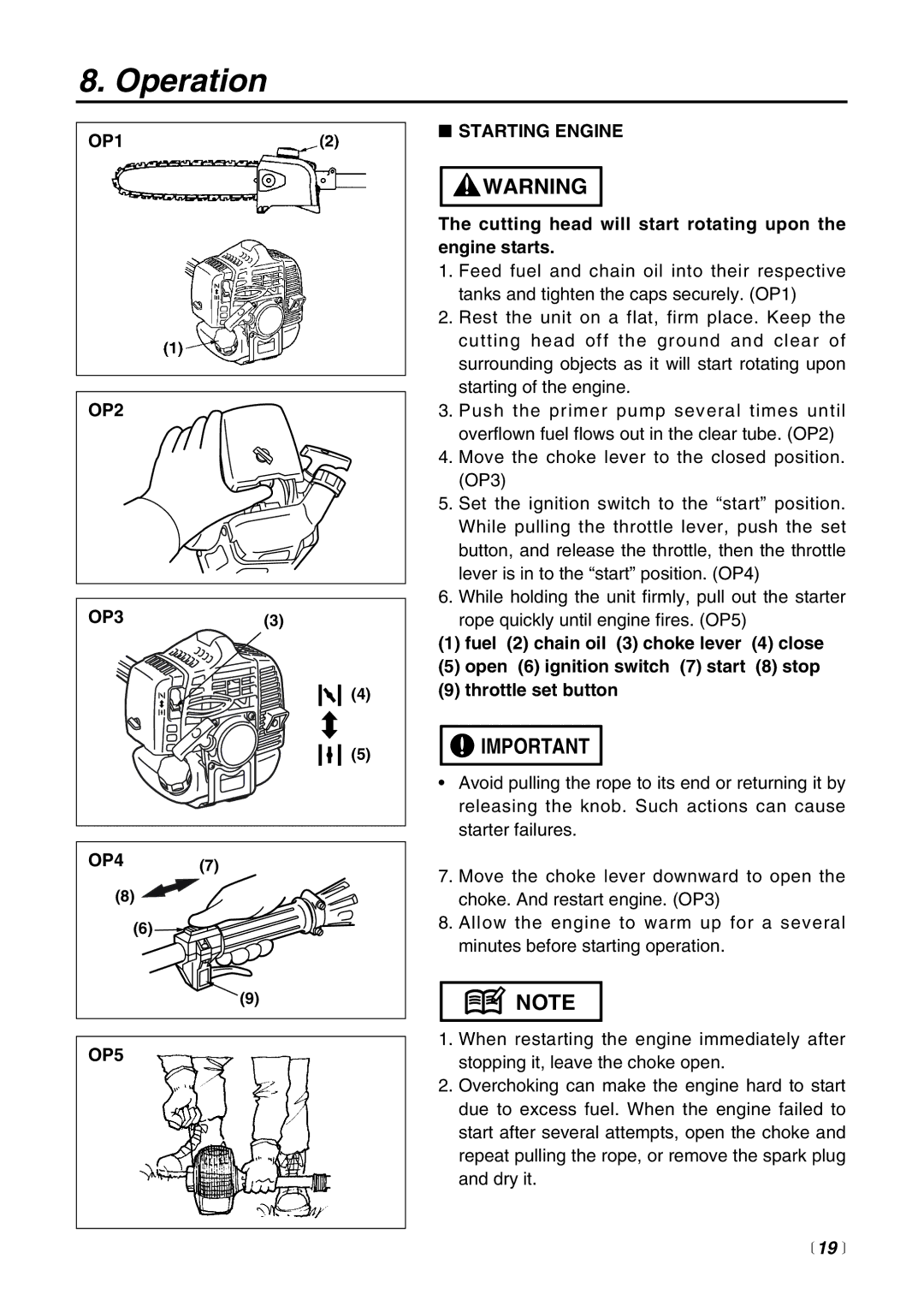 Zenoah PSZ2500 Operation, OP1 OP2, OP33 OP4, OP5 Starting Engine, Cutting head will start rotating upon the engine starts 