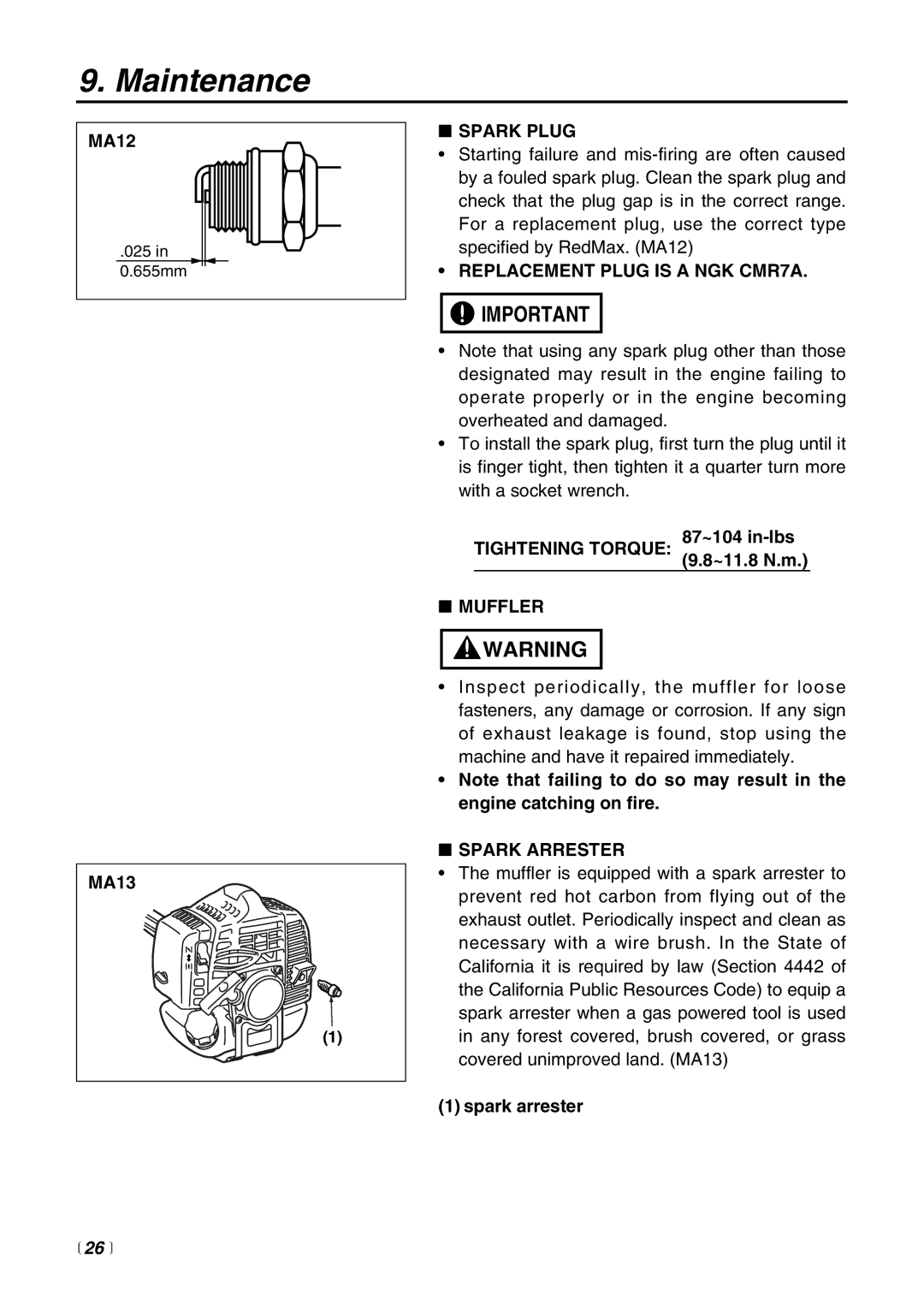 Zenoah PSZ2500 manual Spark Plug, Replacement Plug is a NGK CMR7A, Tightening Torque Muffler, Spark Arrester 