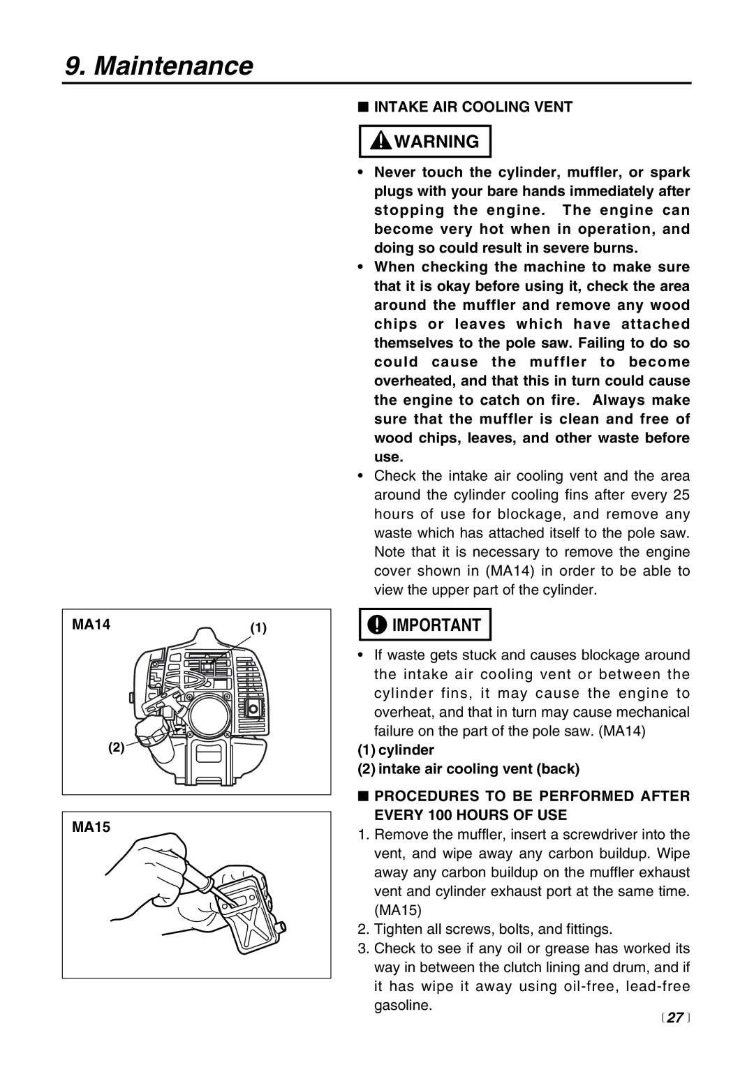 Zenoah PSZ2500 manual MA141 MA15, Intake AIR Cooling Vent, Cylinder Intake air cooling vent back 