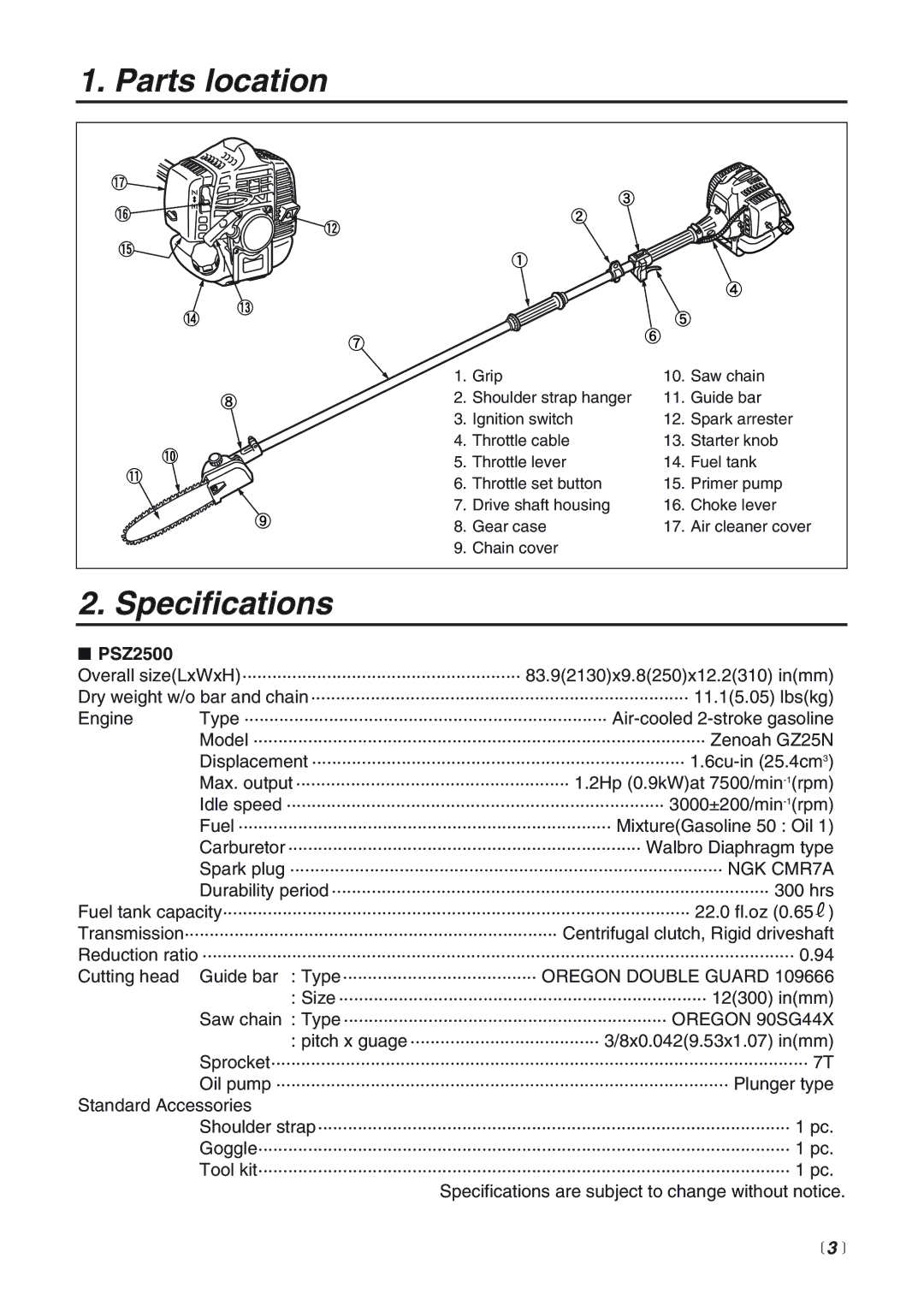 Zenoah PSZ2500 manual Parts location, Specifications 