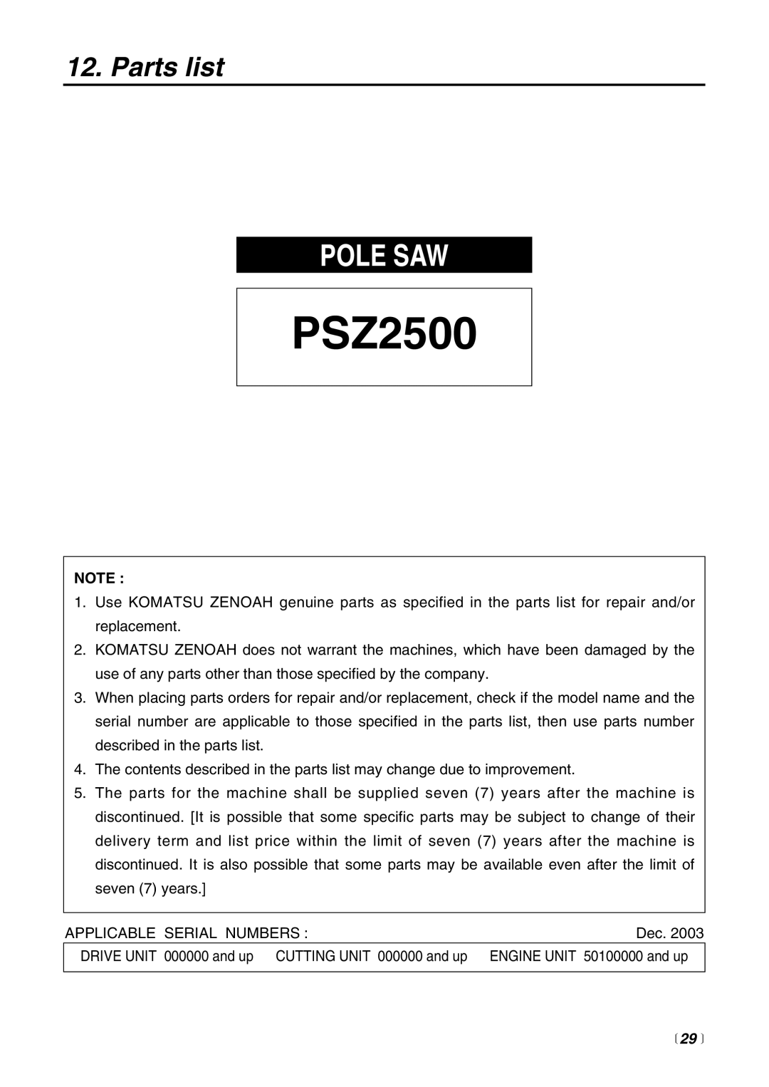 Zenoah PSZ2500 manual Parts list, 29 , Pole Saw 