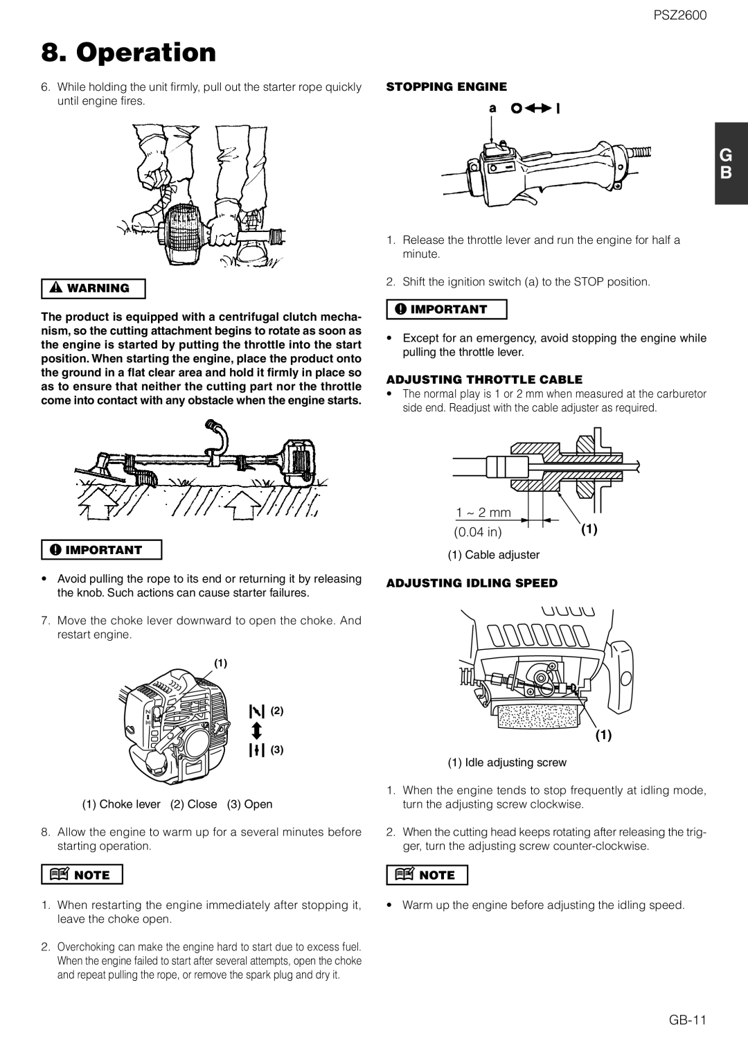 Zenoah PSZ2600 owner manual ~ 2 mm, GB-11, Stopping Engine, Adjusting Throttle Cable, Adjusting Idling Speed 