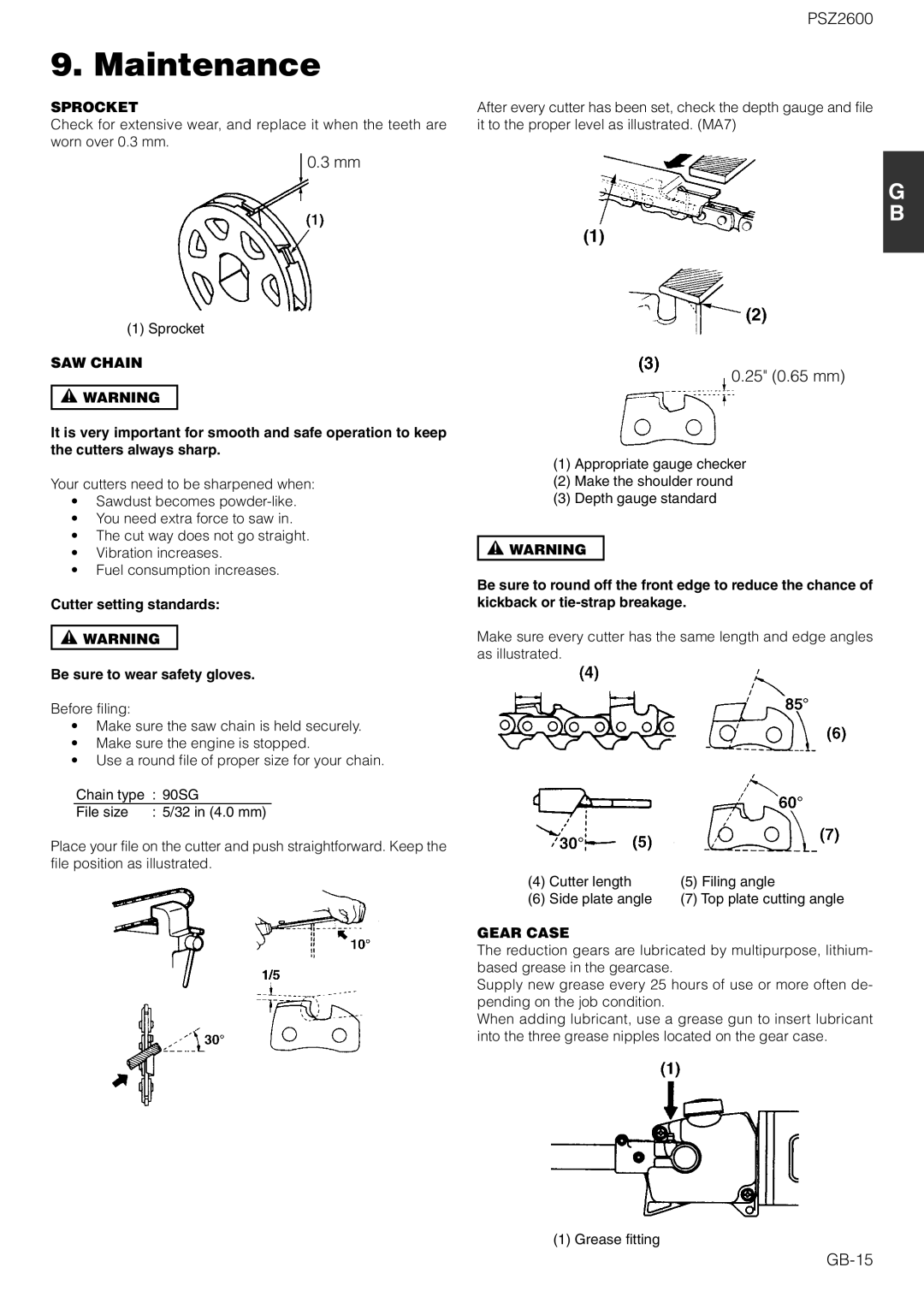 Zenoah PSZ2600 owner manual 25 0.65 mm, GB-15, Sprocket, SAW Chain, Gear Case 