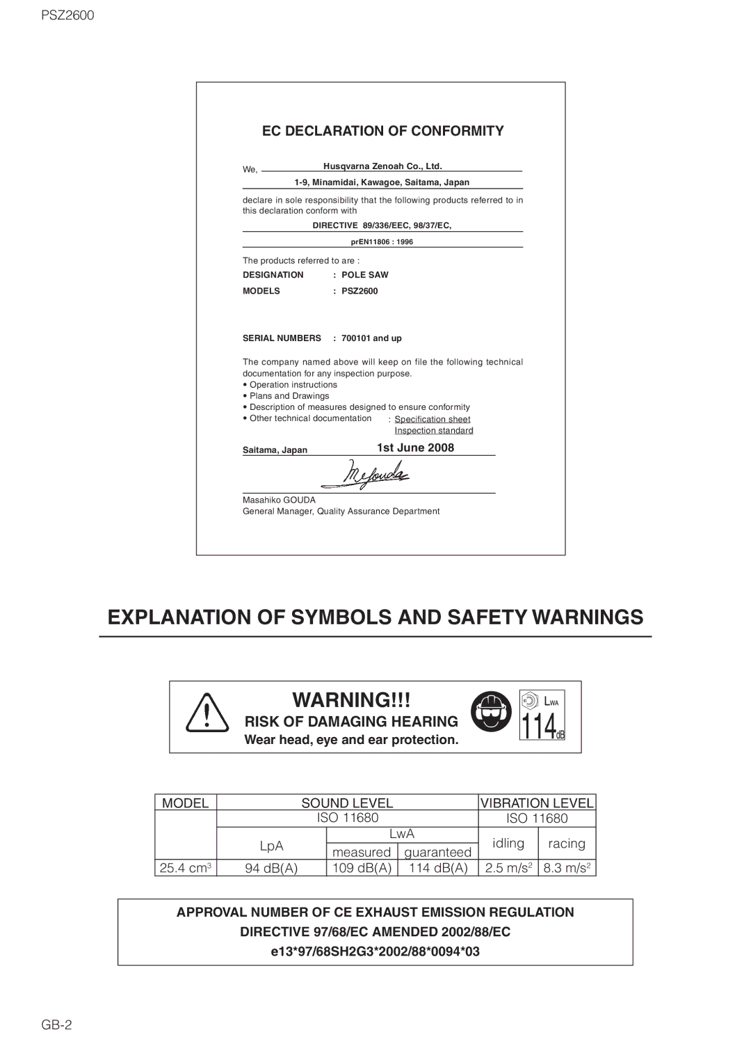 Zenoah PSZ2600 owner manual LpA LwA Idling Racing Measured, 25.4 cm 94 dBA 109 dBA 114 dBA, GB-2, 1st June 