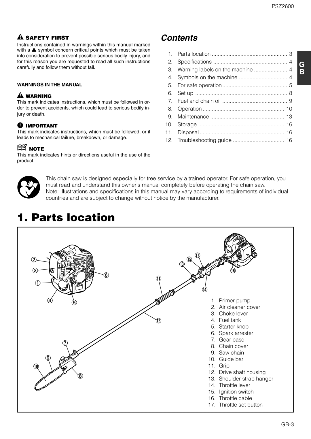 Zenoah PSZ2600 owner manual Parts location, Contents 