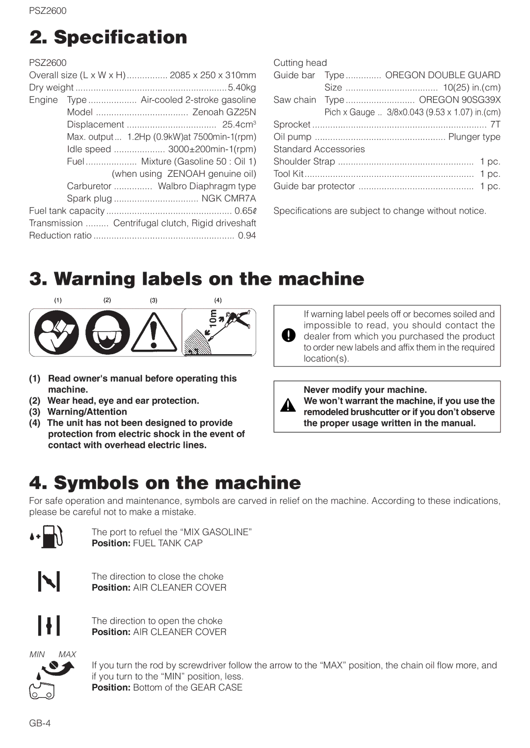 Zenoah PSZ2600 owner manual Specification, Symbols on the machine 