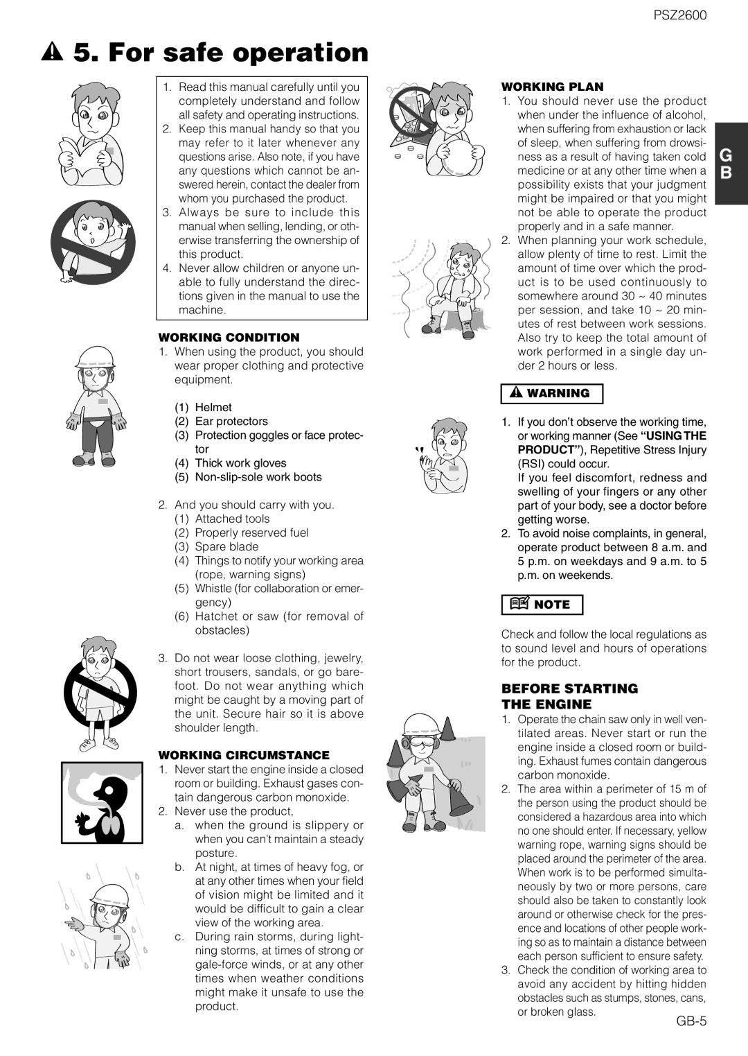 Zenoah PSZ2600 owner manual For safe operation, Before Starting Engine, GB-5 