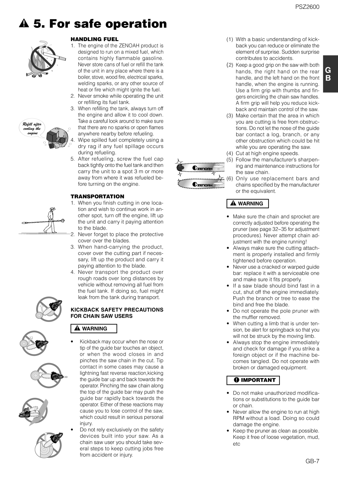 Zenoah PSZ2600 owner manual GB-7, Handling Fuel, Transportation, Kickback Safety Precautions For Chain SAW Users 