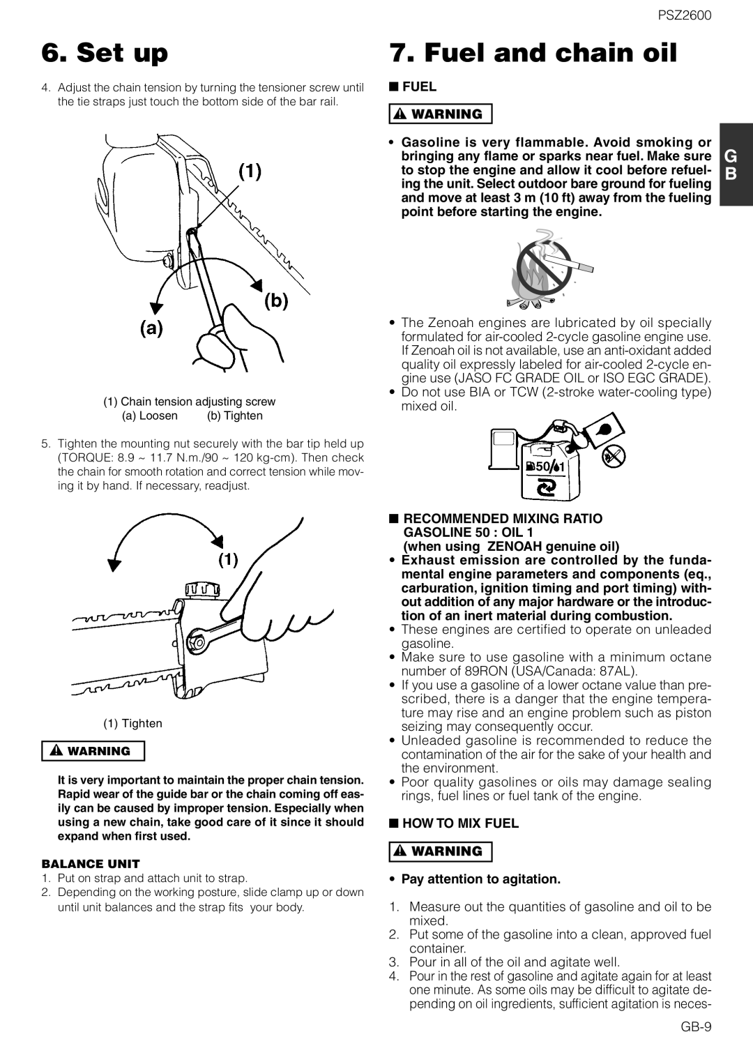 Zenoah PSZ2600 owner manual Fuel and chain oil, Recommended Mixing Ratio Gasoline 50 OIL, HOW to MIX Fuel 