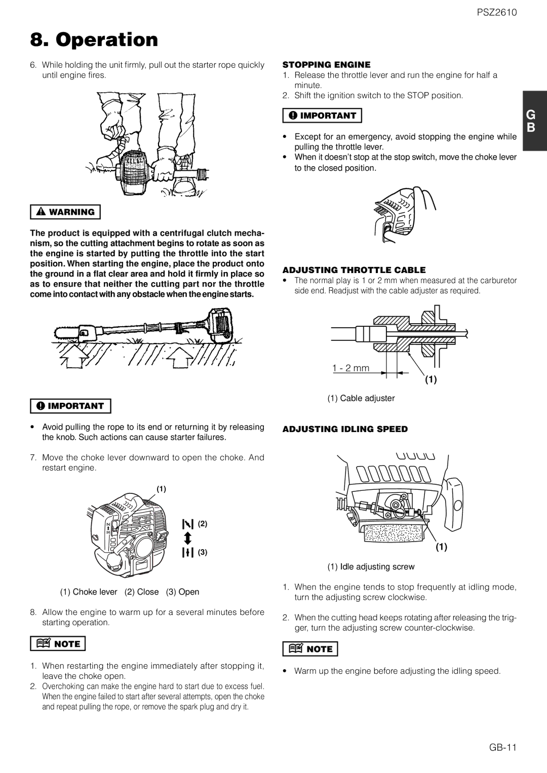 Zenoah PSZ2610 owner manual GB-11, Stopping Engine, Adjusting Throttle Cable, Adjusting Idling Speed 