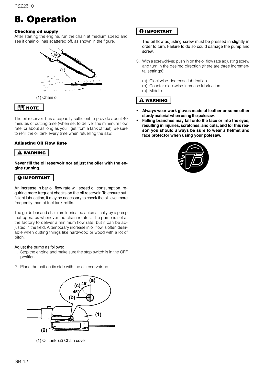 Zenoah PSZ2610 owner manual GB-12, Checking oil supply 