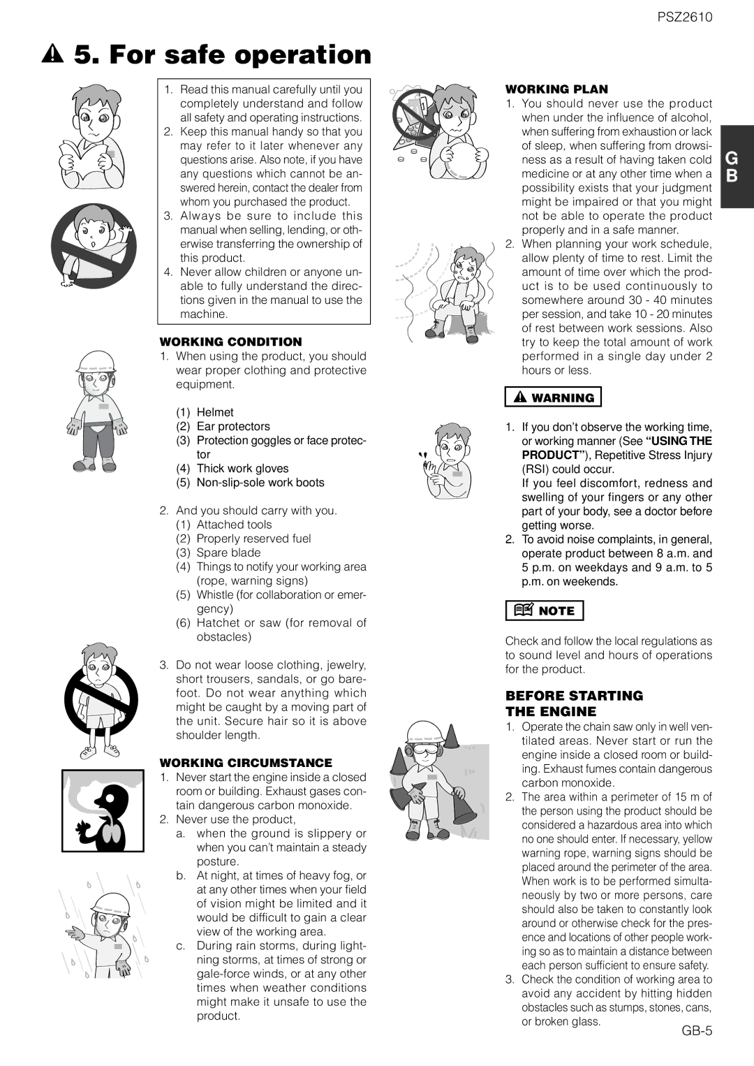 Zenoah PSZ2610 owner manual For safe operation, Before Starting Engine, GB-5 