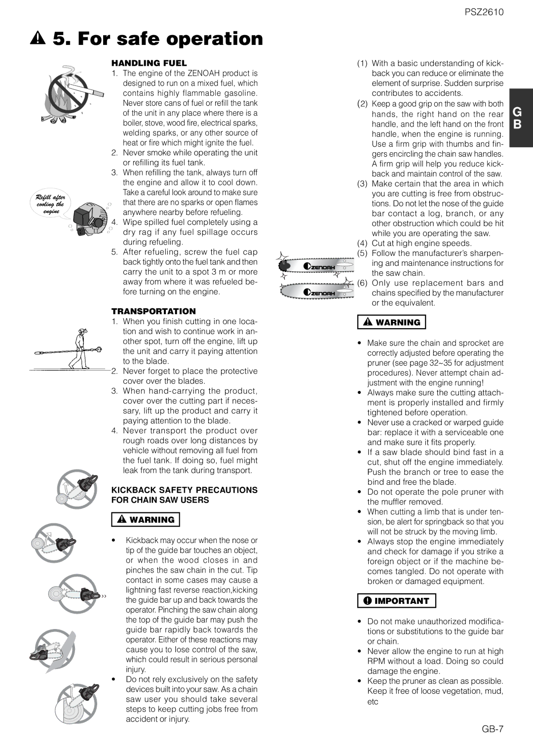 Zenoah PSZ2610 owner manual GB-7, Handling Fuel, Transportation, Kickback Safety Precautions For Chain SAW Users 