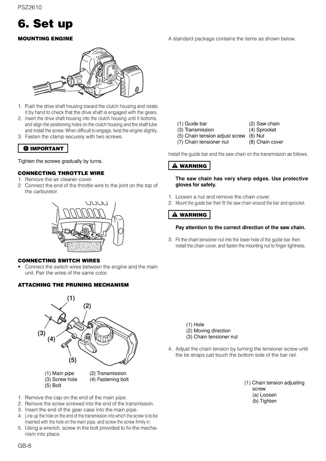 Zenoah PSZ2610 owner manual Set up, GB-8 