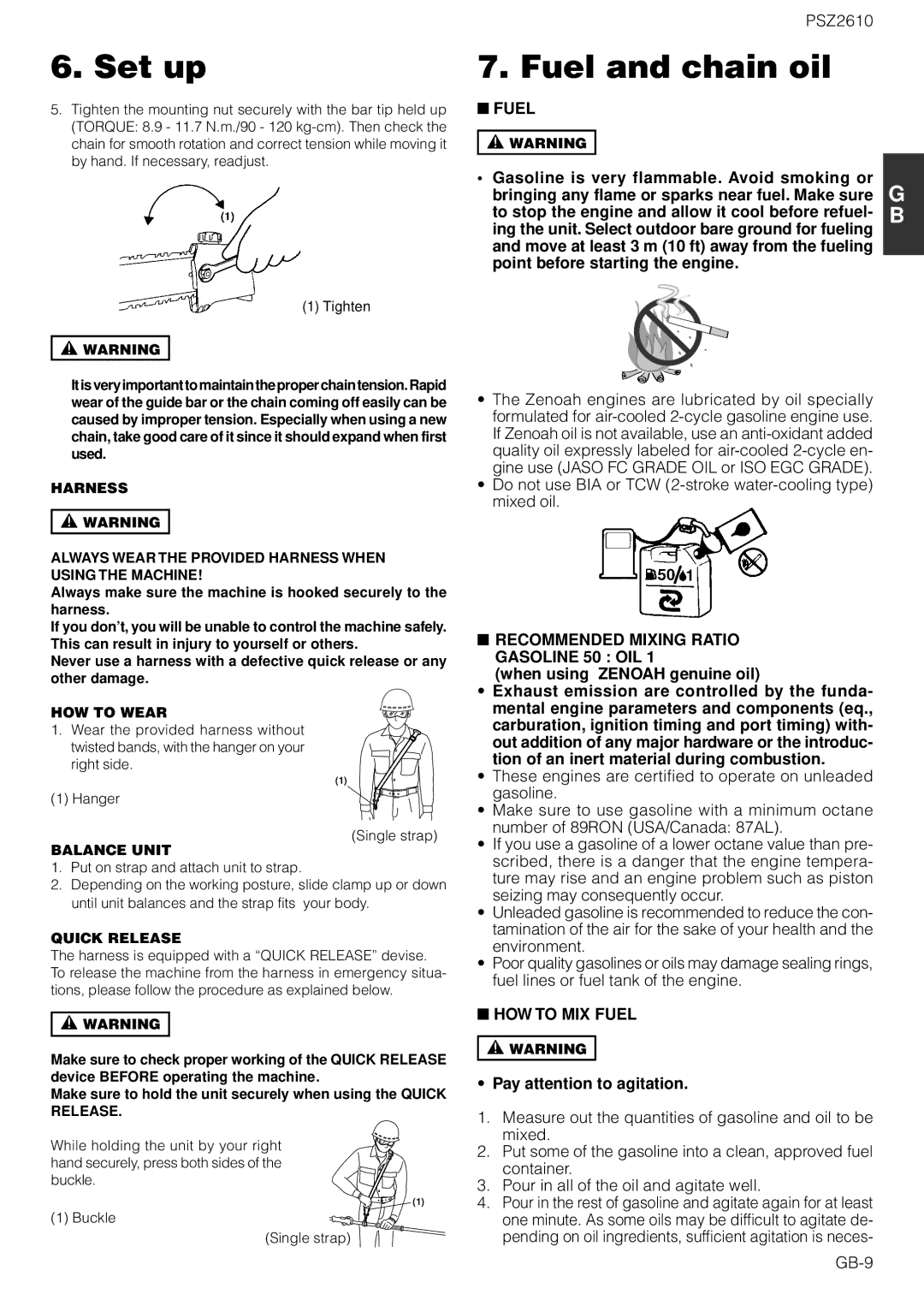 Zenoah PSZ2610 owner manual Fuel and chain oil, Recommended Mixing Ratio Gasoline 50 OIL, HOW to MIX Fuel 