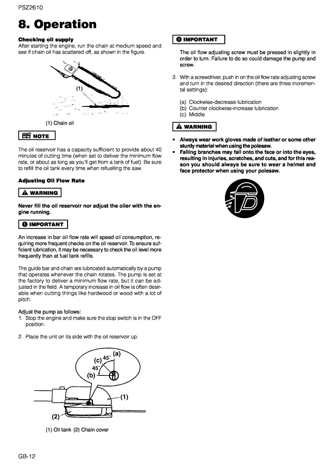 Zenoah PSZ2610 owner manual Operation, Checking oil supply, Adjusting Oil Flow Rate 