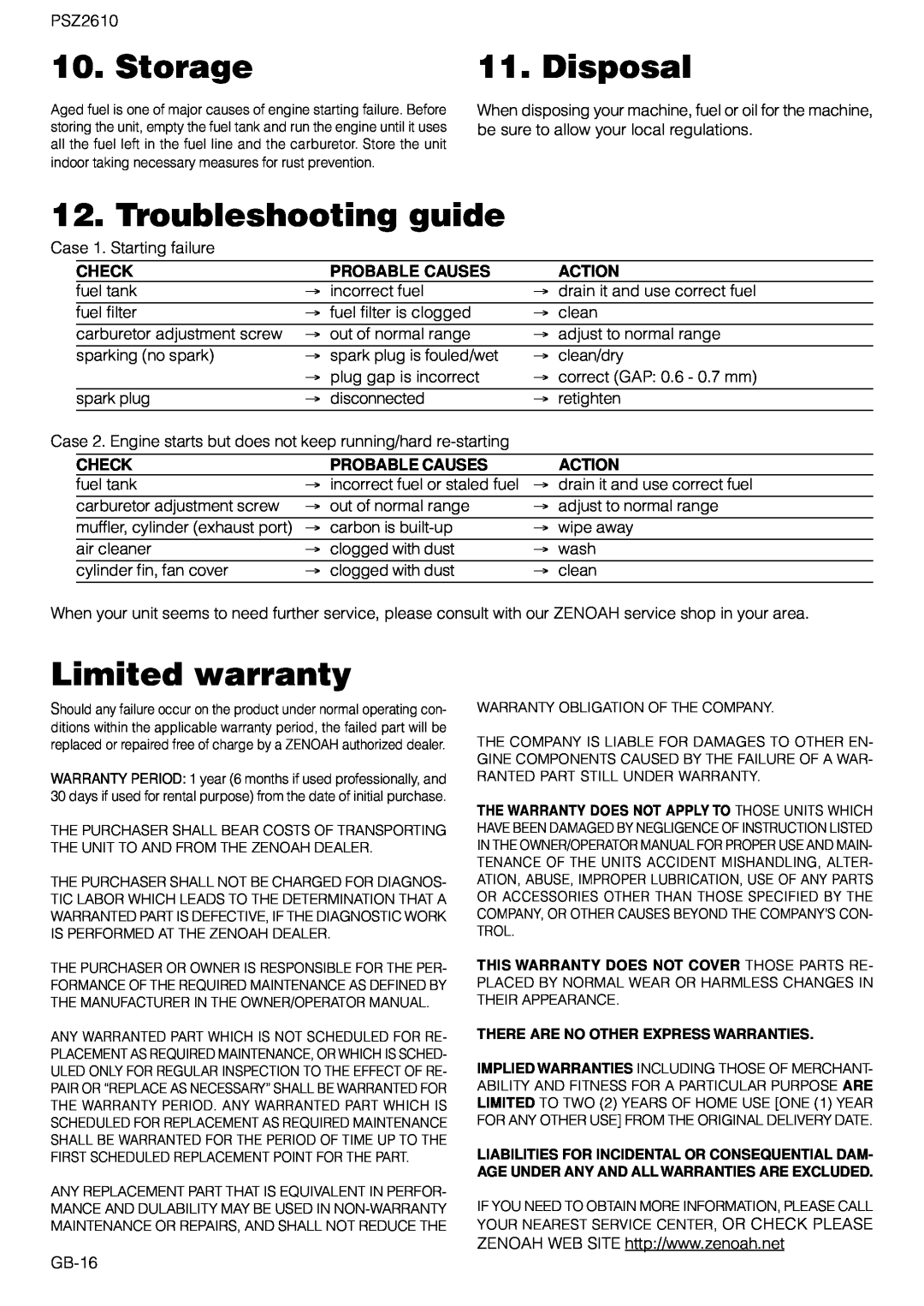 Zenoah PSZ2610 owner manual Storage, Disposal, Troubleshooting guide, Limited warranty, Check, Probable Causes, Action 