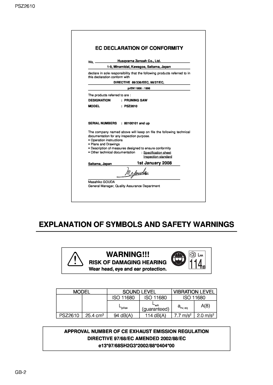 Zenoah PSZ2610 owner manual Wear head, eye and ear protection, Approval Number Of Ce Exhaust Emission Regulation 
