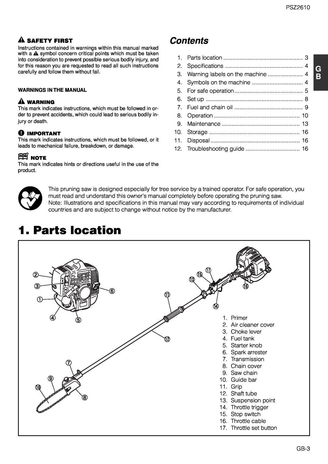 Zenoah PSZ2610 owner manual Parts location, Safety First, Contents 