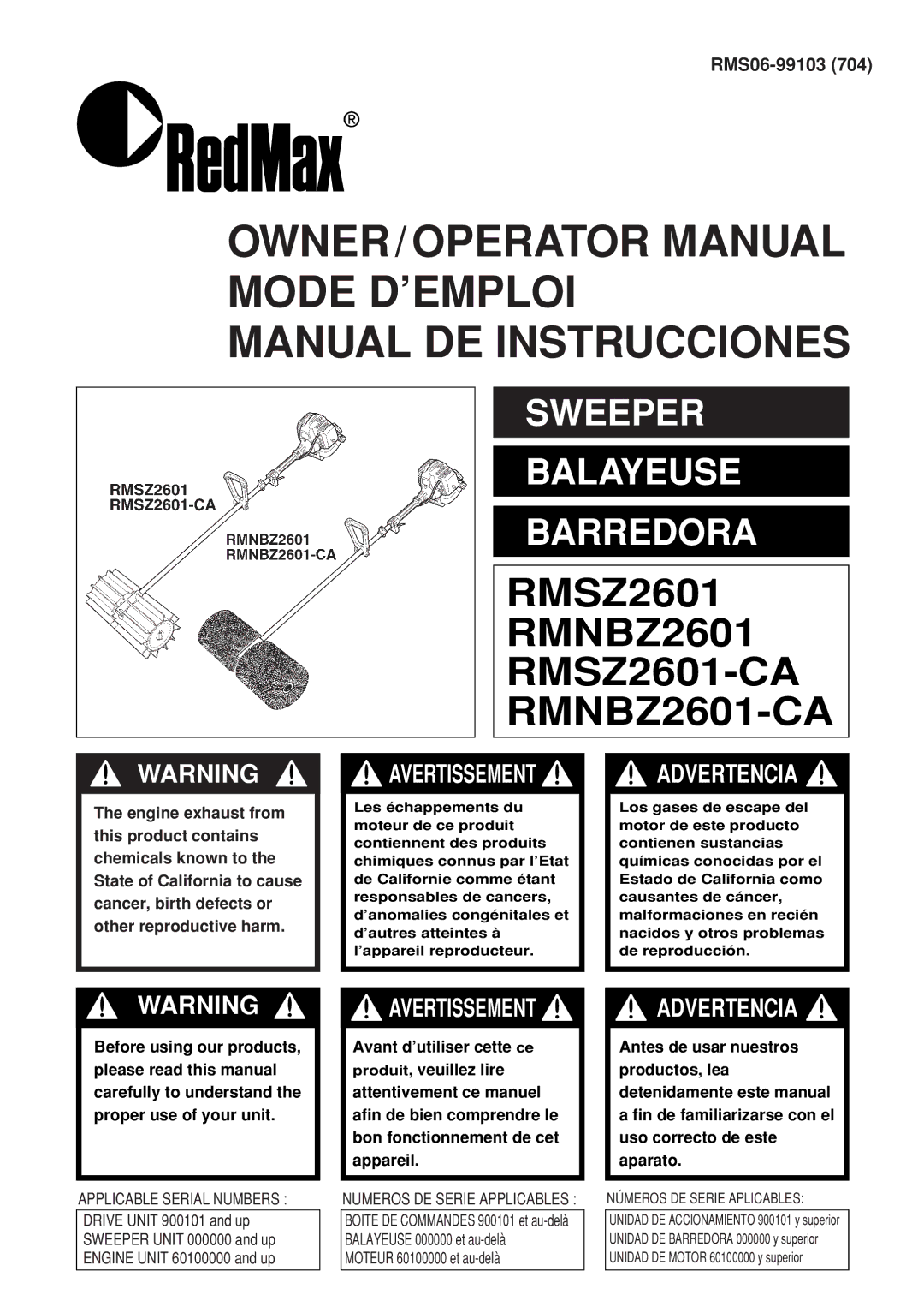 Zenoah RMNBZ2601-CA, RMSZ2601-CA manual OWNER/OPERATOR Manual Mode D’EMPLOI Manual DE Instrucciones 