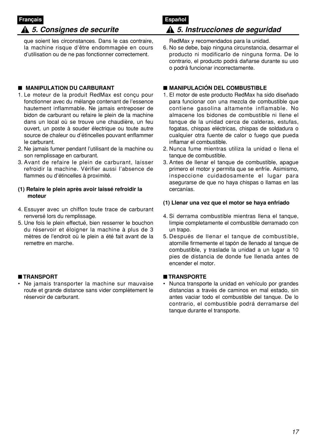 Zenoah RMNBZ2601-CA, RMSZ2601-CA manual Manipulation DU Carburant, Manipulación DEL Combustible, Transporte 