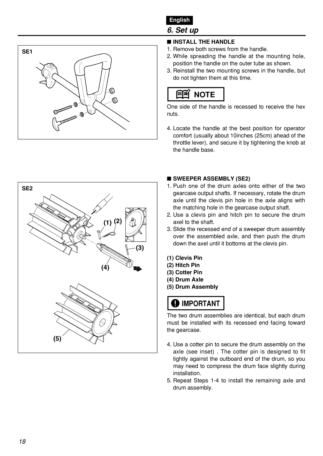 Zenoah RMSZ2601-CA, RMNBZ2601-CA manual Set up, SE1 SE2, Install the Handle, Sweeper Assembly SE2 