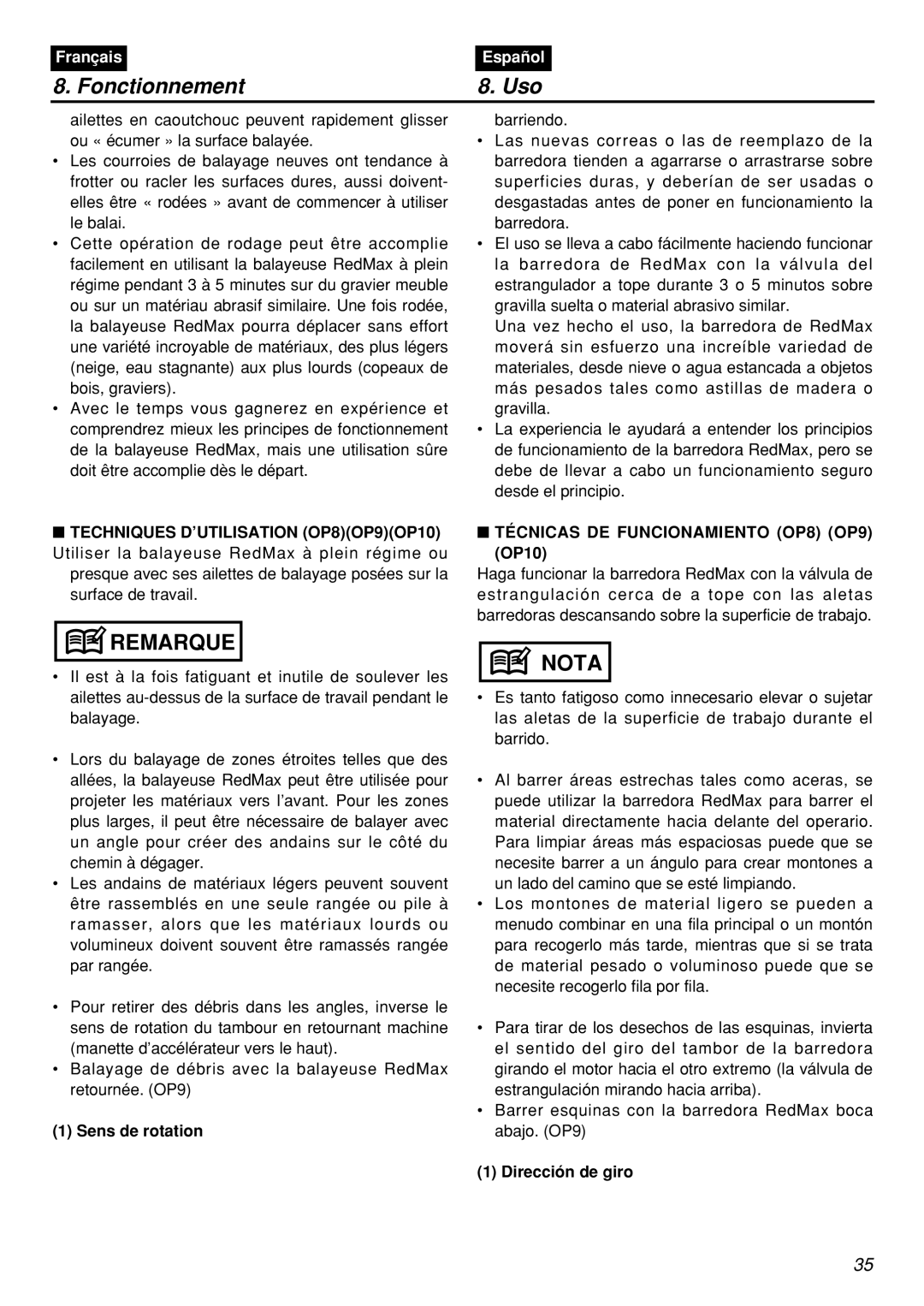 Zenoah RMNBZ2601-CA, RMSZ2601-CA manual Sens de rotation, Técnicas DE Funcionamiento OP8 OP9 OP10, Dirección de giro 