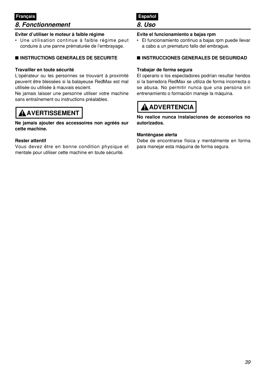 Zenoah RMNBZ2601-CA, RMSZ2601-CA manual Instructions Generales DE Securite, Instrucciones Generales DE Seguridad 