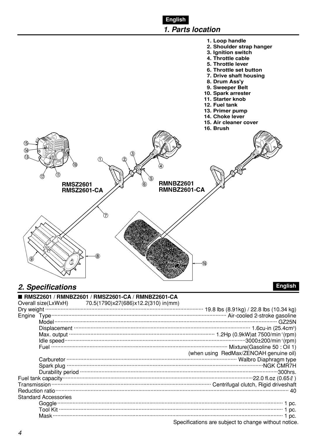 Zenoah manual Parts location, Specifications, RMSZ2601 / RMNBZ2601 / RMSZ2601-CA / RMNBZ2601-CA 