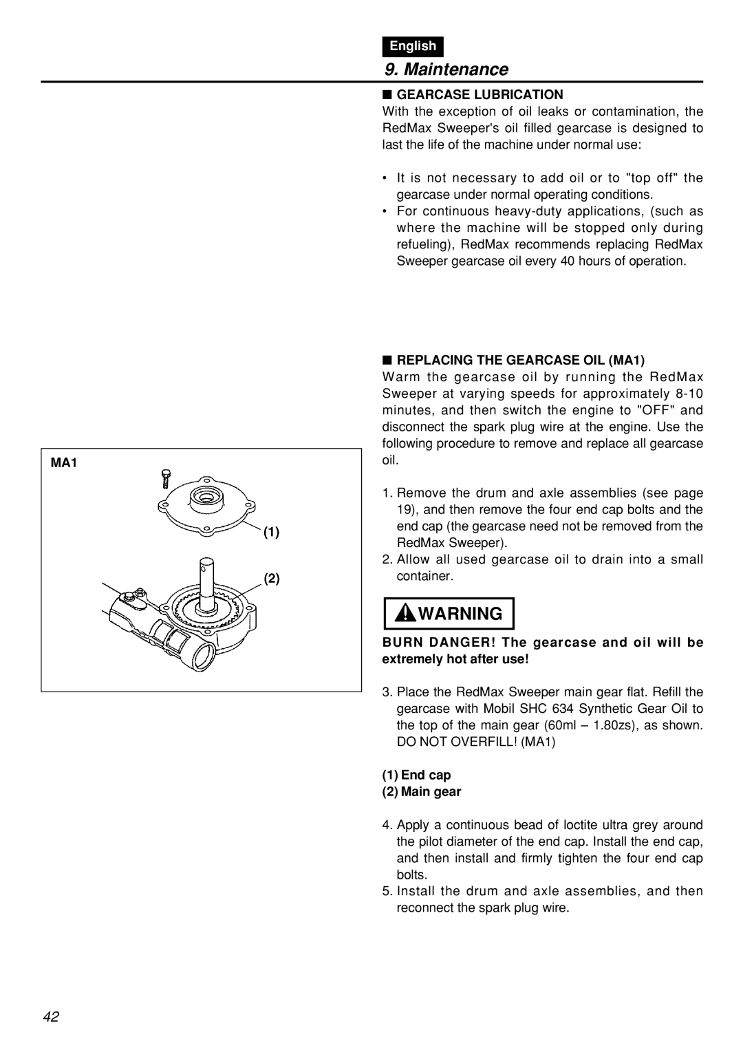 Zenoah RMSZ2601-CA, RMNBZ2601-CA manual Gearcase Lubrication, Replacing the Gearcase OIL MA1, End cap Main gear 