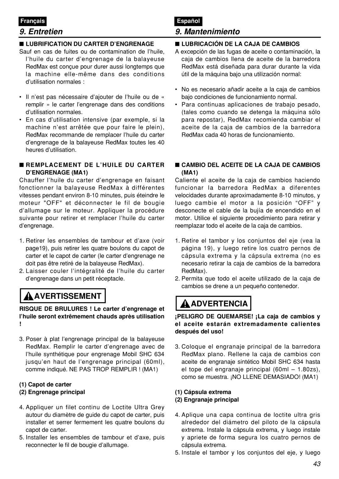 Zenoah RMNBZ2601-CA, RMSZ2601-CA manual Entretien Mantenimiento, Remplacement DE L’HUILE DU Carter ’ENGRENAGE MA1 