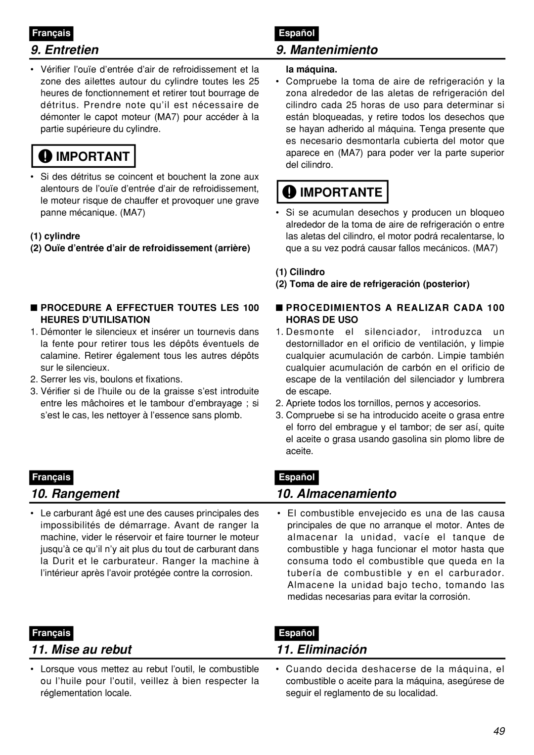 Zenoah RMSZ2601 Rangement Almacenamiento, Mise au rebut Eliminación, Cilindro Toma de aire de refrigeración posterior 