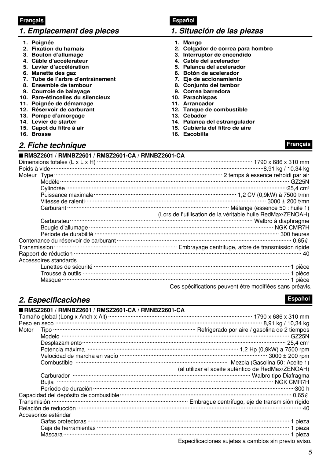 Zenoah RMSZ2601, RMNBZ2601-CA manual Emplacement des pieces Situación de las piezas, Fiche technique, Especificaciohes 