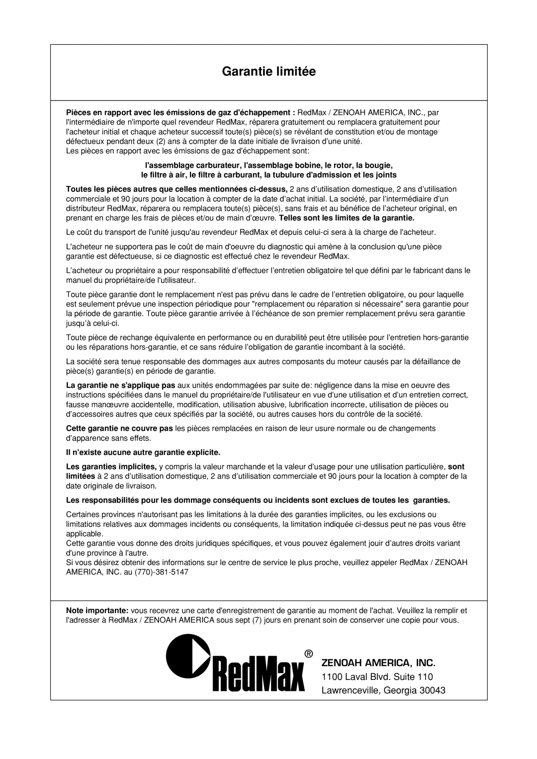 Zenoah RMSZ2601-CA, RMNBZ2601-CA manual Garantie limitée 