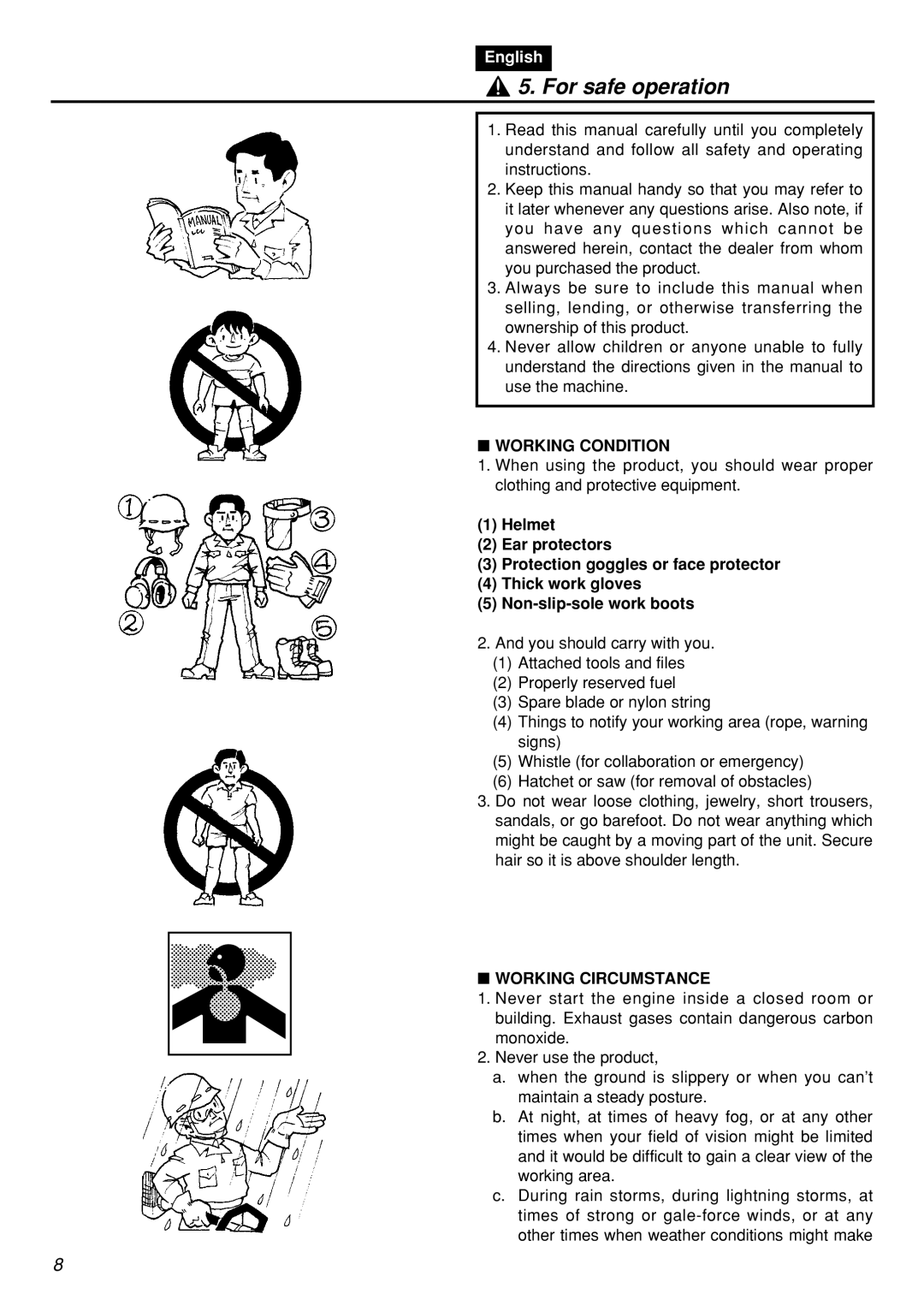 Zenoah RMNBZ2601-CA, RMSZ2601-CA manual For safe operation, Working Condition, Working Circumstance 