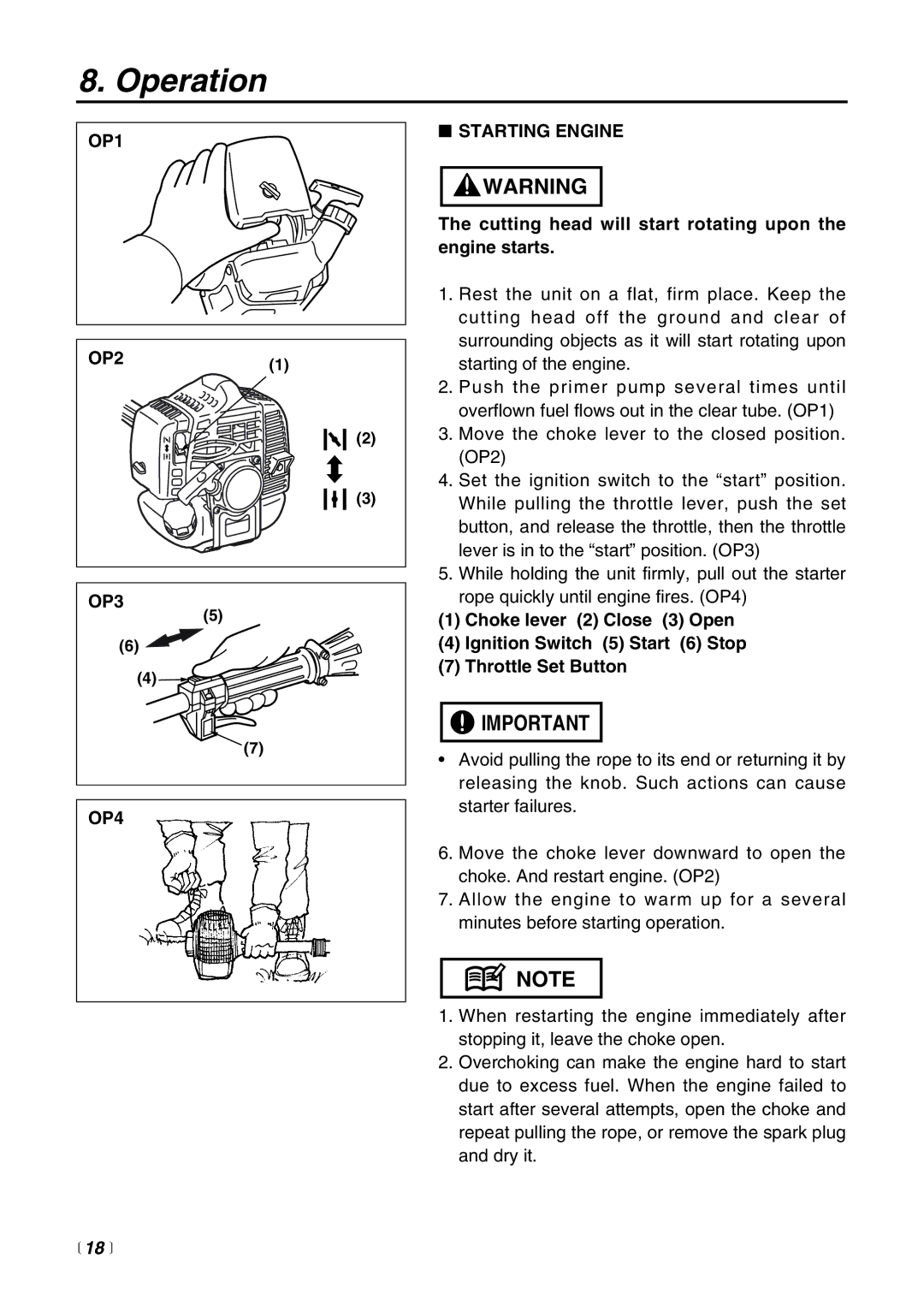 Zenoah RMSZ2500 Operation, OP1, OP21, OP3 OP4 Starting Engine, Cutting head will start rotating upon the engine starts 